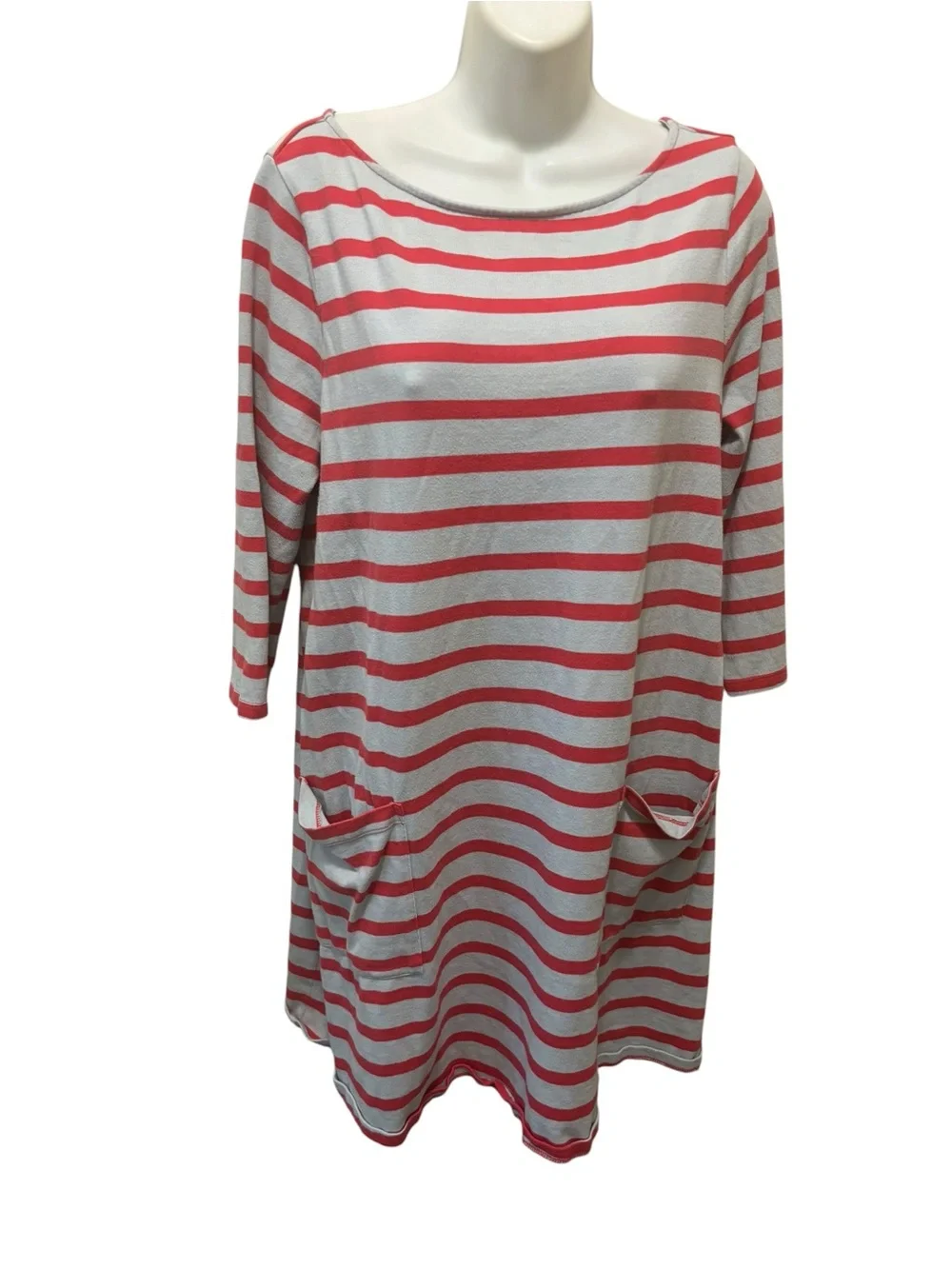 The Nines By HATCH Striped T-Shirt Costal Dress L Pockets Red Gray Luxe Cotton